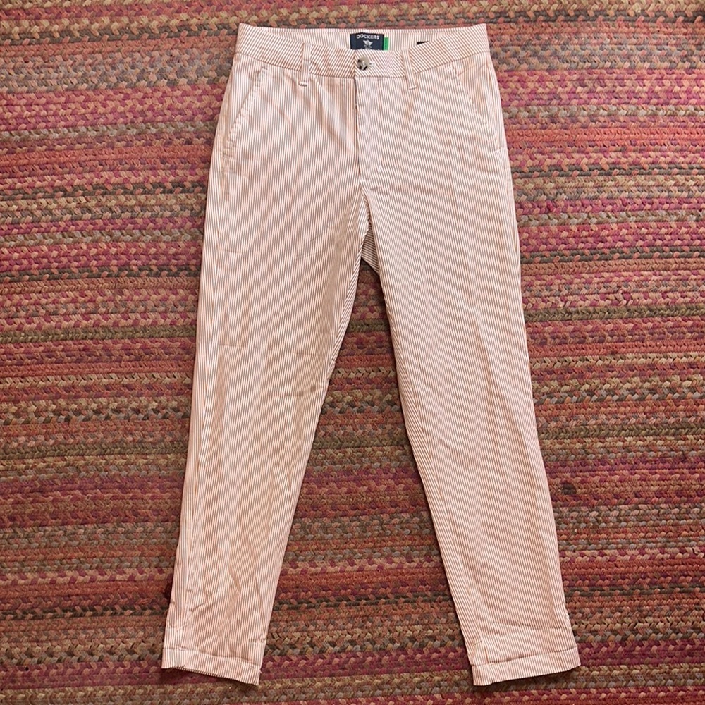 NEW DOCKERS BROWN PINSTRIPE SLIM ANKLE TROUSER CHINO PANTS DRESS WORK OFFICE